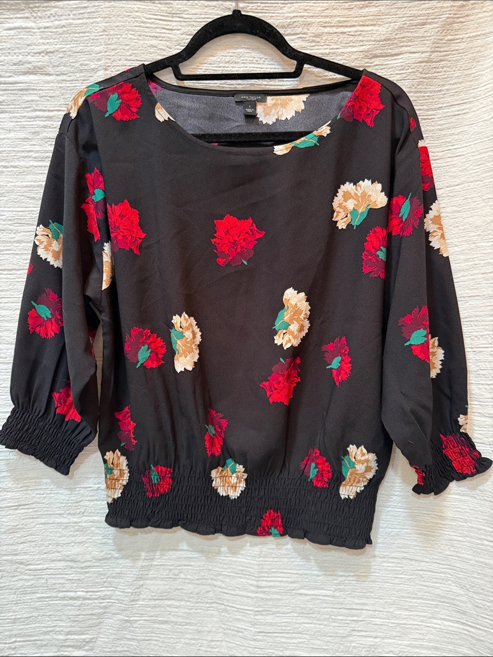 Ann Taylor Black Floral Blouse with Red & Cream Blooms